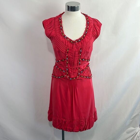 Nanette Lepore Red Beaded Silk Mini Dress - Picture 1 of 10